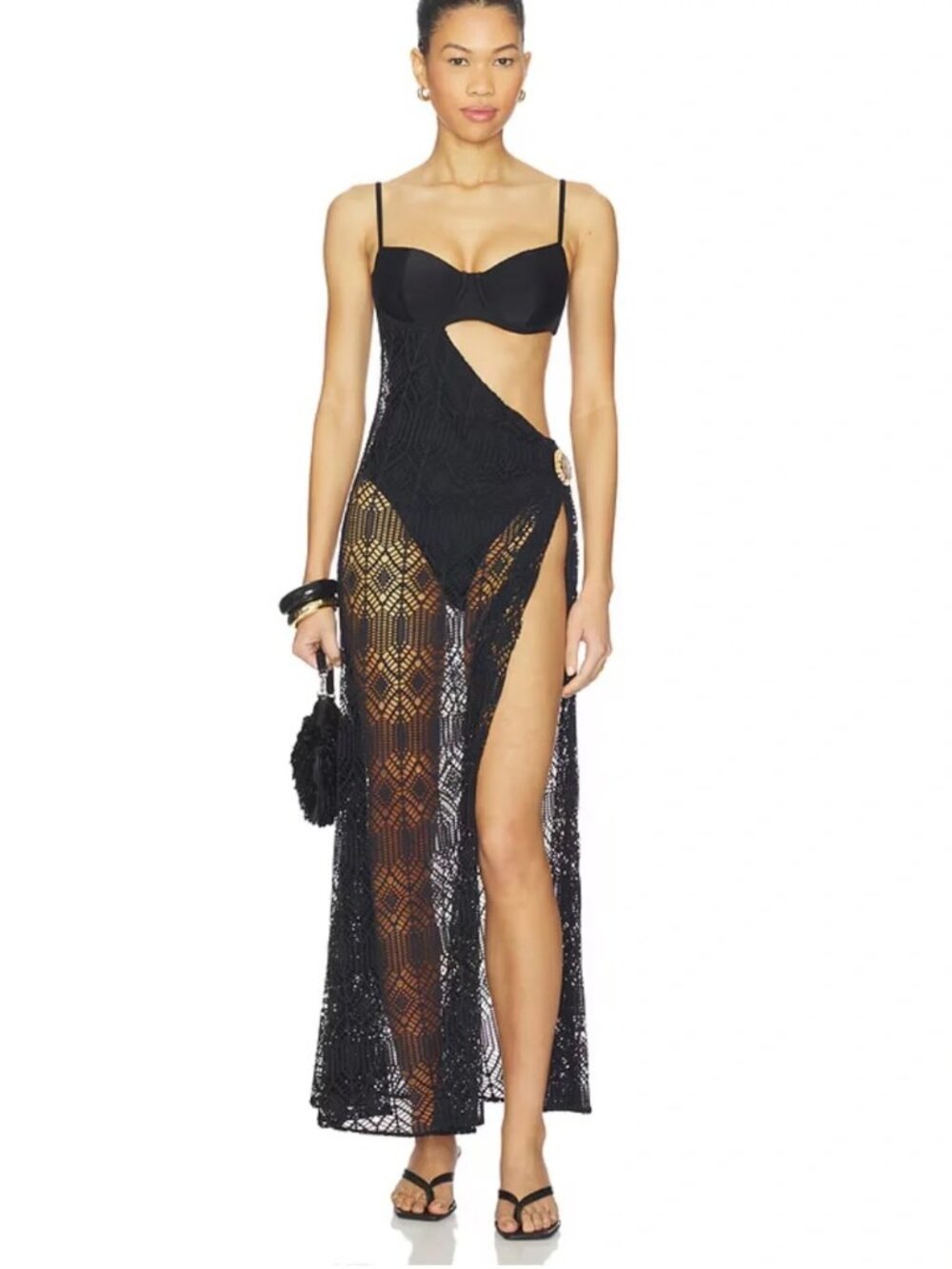 PatBO Midnight Pearl Mesh Beach Dress In Black Large